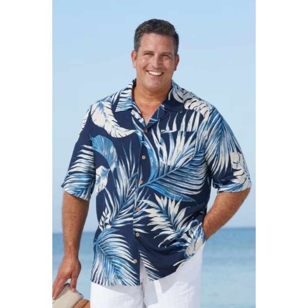 King Size KS Island Print Camp Shirt Navy Palm 3XL Tall NWT Tropical Hawaiian
